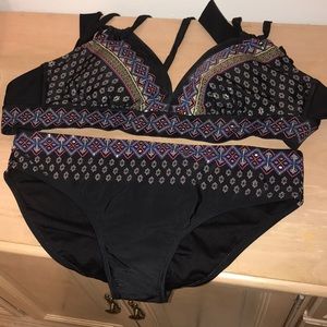 Multicolored black 2 piece bikini w/ gold detail